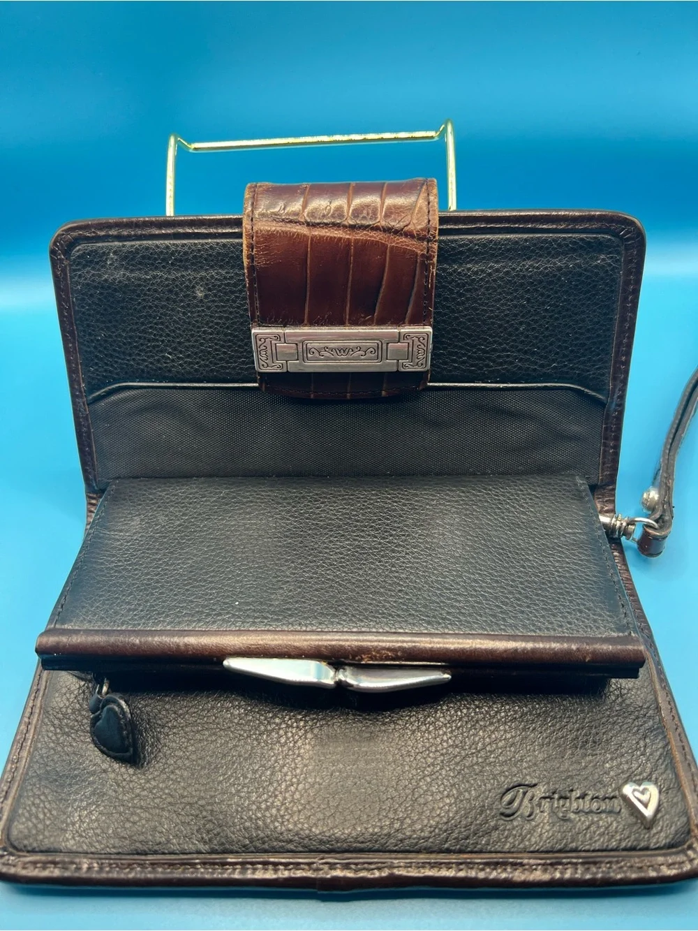 VTG Brighton Giverny Chocolate Brown Leather Basket Weave Wallet Clutch